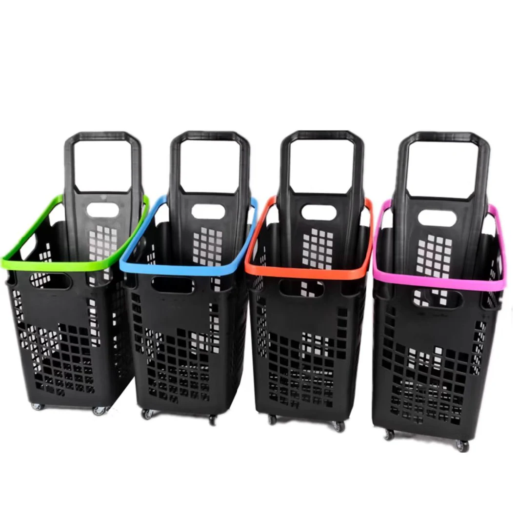 Customized Design Four Wheels Rolling Plastic Supermarket Shopping Basket